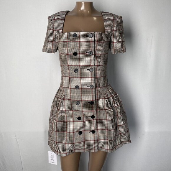 Self-Portrait Check Wool Mini Dress Brown Size 2